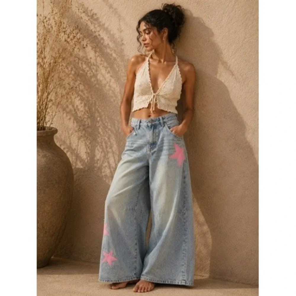 Edikted Trish Satin Effect Pink Stars Low Rise Wide Leg Baggy Jean Light Blue XS